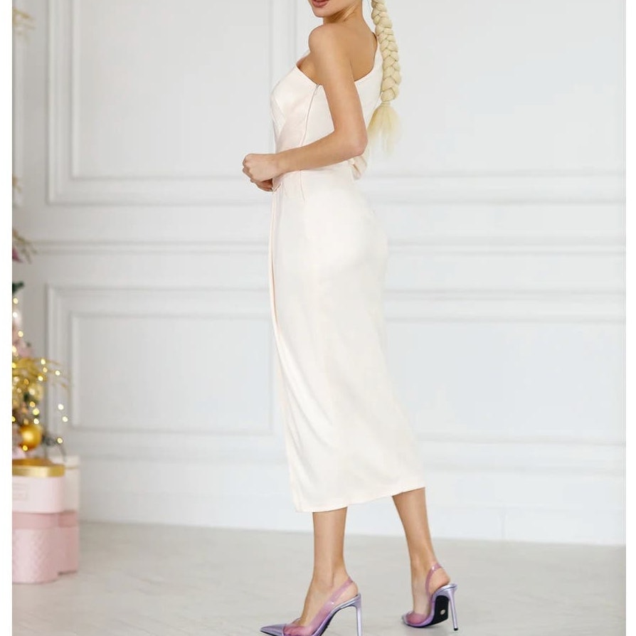 Elagia Cream Satin One-Shoulder Cut-Out Midi Dress Large Nwt — image 8 of 8